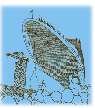 image, sketch of Qheen elizabeth two being launched at John Brown's shipyards, where Brian worked.